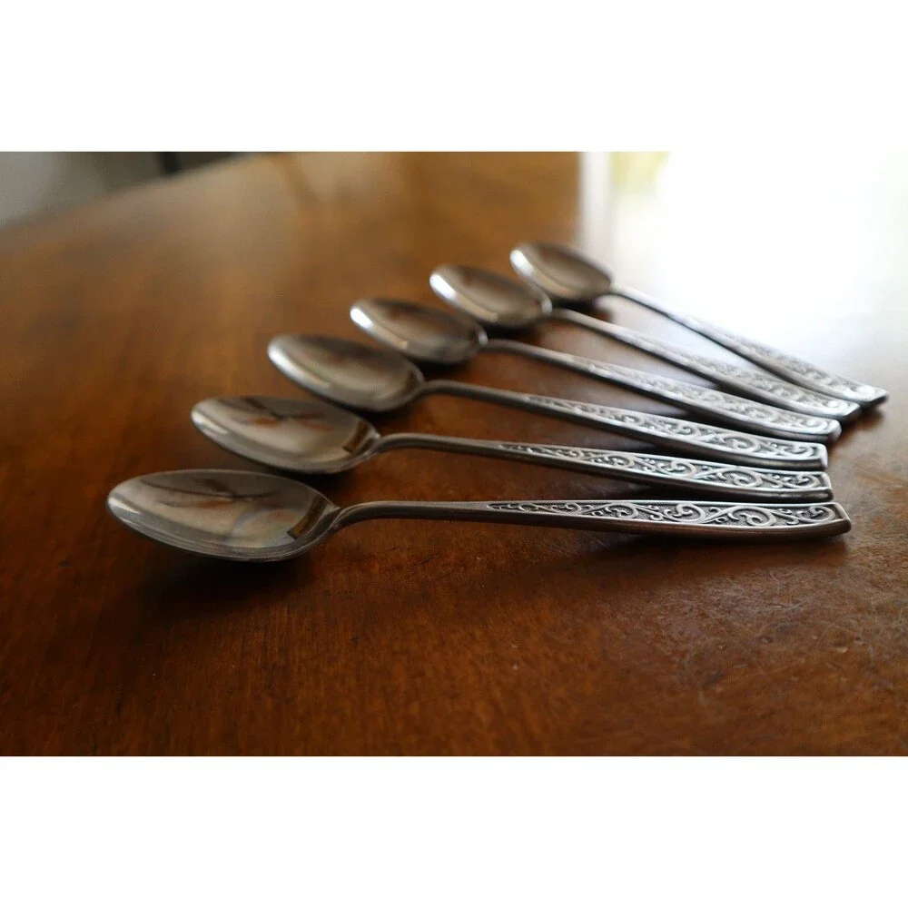 Lot 6x Imperial International IIC DAVOS Stainless Black Floral Teaspoon 6.4